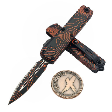 Microtech UTX-85 Gen IV Topographic Black/Orange Camo D/E Full