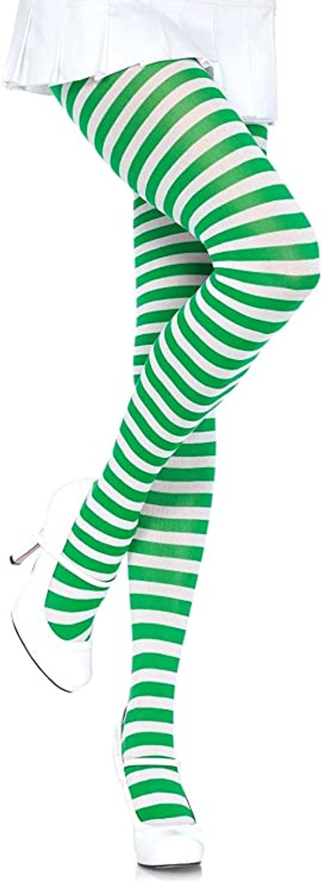 Women's Nylon Green and White Striped Tights One Size