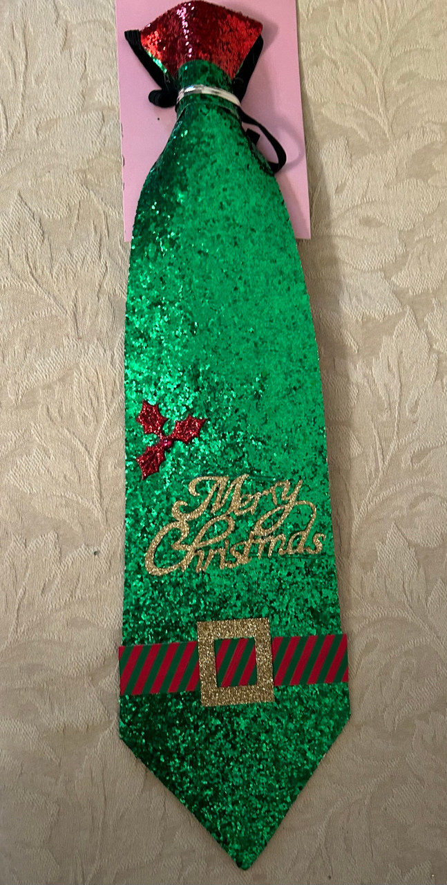 Green Glitter Felt Tie w Elastic  Necktie