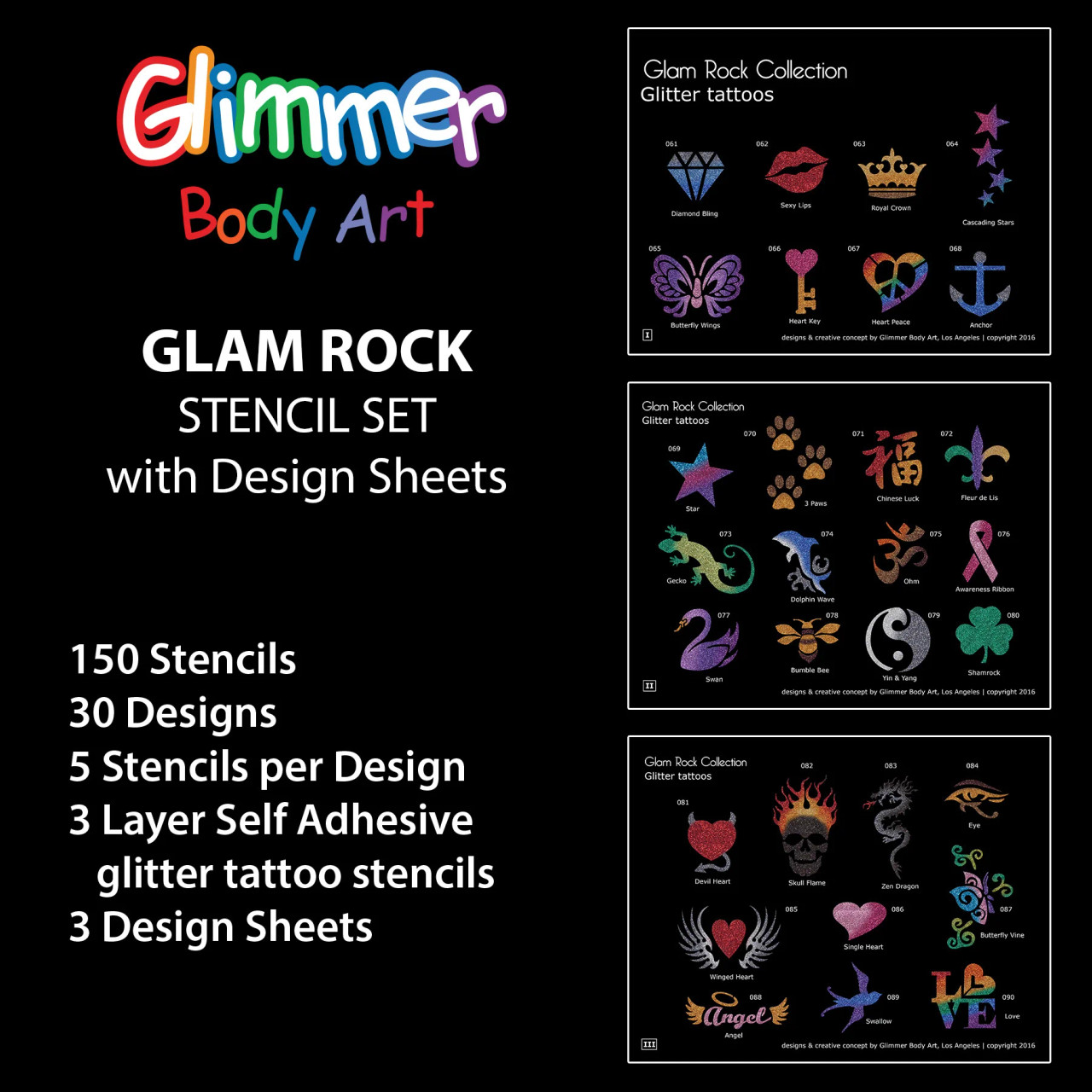Glitter Tattoo GLAM ROCK Stencil Set w Design Sheets