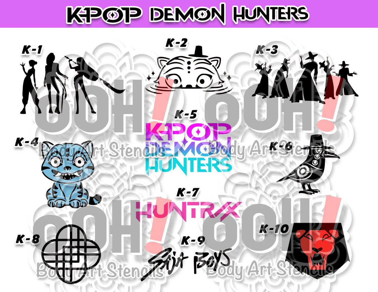 10 Design KPOP stencil set, print & Laminate