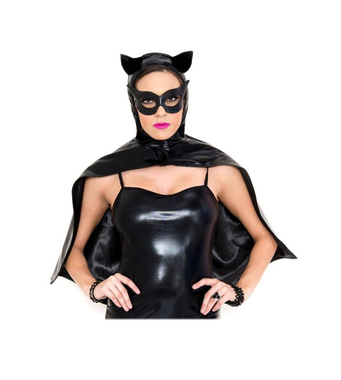 Wet Look Hooded Cat Cape With Mask