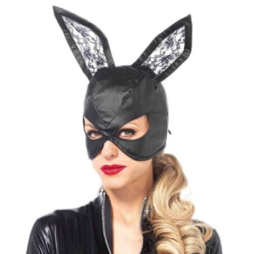 Faux Leather Bunny Mask with Lace Ears and Lace Up Back