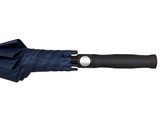 A navy blue promotional golf umbrella with a black handle and a logo on the side.