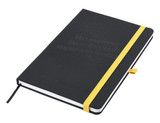 A black A5 notebook with a debossed design and a yellow elastic band. It features a logo on the cover.