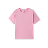 A pink organic T-shirt with short sleeves, featuring a label and a simple design.