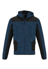 A unisex hoodie in navy blue with black accents, featuring a hood and zippered pockets. It has a logo on it.