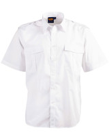 A white button-up short sleeve shirt with two front pockets and epaulettes, featuring a brand logo on the collar.