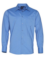 A blue button-up shirt with long sleeves and a front pocket, featuring a collar and a logo on the label.