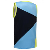 AFL singlet featuring a blue, black, and neon yellow design with a large geometric pattern and brand logo.