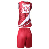A red basketball uniform featuring a sleeveless top with a decorative pattern and matching shorts. Includes a logo.
