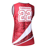 A red women's basketball singlet featuring a bold design and player number 22 on the back, with a logo.