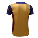A sports tee in gold with blue and maroon accents, featuring a logo on the sleeve.