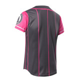 A baseball top tee featuring a dark grey body with pink accents and short sleeves. Includes a logo on the sleeve.