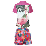 A pink and floral women's beach shirt with a flamingo design and matching colourful floral shorts. Both pieces have a logo.