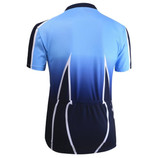 A sublimated cycling team wear tee in gradient shades of blue and navy, featuring a logo on the back.