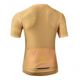 A short-sleeved cycling jersey in a light orange colour with a textured fabric and a back pocket. It features a logo.