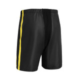 Black ice hockey shorts featuring yellow side stripes, designed with a comfortable fit and a logo on the waistband.