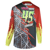 A long-sleeve BMX club jersey in red, yellow, and green with an abstract design and a logo.