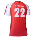 A women's soccer tee in red and white, featuring a player number and a logo.