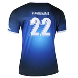 A blue and navy soccer uniform t-shirt featuring a number 22 on the back and a logo.