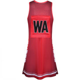 A red netball dress with mesh detailing and a central pocket featuring a black logo. Suitable for sports uniforms.