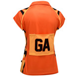An orange netball polo with a black and yellow design, featuring a pocket with "GA" on the back and a logo.