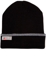 A black Thinsulated cuff beanie with a reflective band and a branding tag.