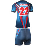 A rugby jersey in blue with red accents, featuring a back number and a logo. It includes matching shorts.