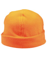 An orange polar fleece beanie with a folded hem, featuring a logo on the side.