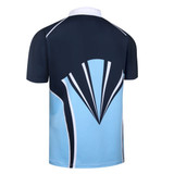 A navy and light blue rugby tee featuring a sporty design and a collar, with a logo on the back.