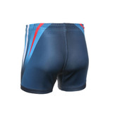 A pair of navy blue rugby uniform shorts with red and blue design elements and an elastic waistband.