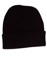 A black acrylic beanie with a classic knitted design and rolled cuff. It features a branding logo.