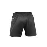 Black volleyball shorts featuring an elastic waistband and a logo. The design is simple and sporty.