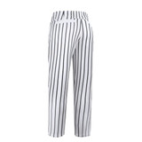 A pair of white baseball/softball pants featuring bold black vertical stripes and a waistband with a logo.