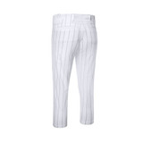 Cropped pants in white with vertical stripes, featuring back pockets and a logo.