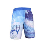 Board shorts in blue and white featuring a water wave pattern and text design, with an elastic waistband.