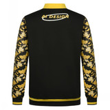 A black jacket featuring yellow camo sleeves and a logo on the back.