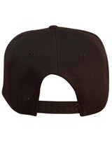 A black snapback cap featuring a textured fabric and an adjustable strap at the back.