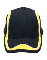 A black cap with yellow and white accents, featuring a logo on the front.