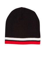 A black beanie with contrast stripes in white and red, featuring a logo.