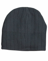 A dark grey cable knit beanie featuring a fleece headband, showcasing a textured ribbed design and a logo.