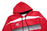 A red pullover hoodie featuring white stripes and a logo, with a hood and drawstring detail.