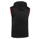 A black sleeveless vest with a hood, featuring red accents along the sides and a logo on the back.