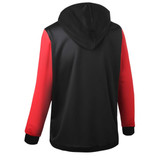 A black hoodie with red sleeves and a hood, featuring a logo on the back.
