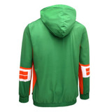 A green and orange water-repellent hoodie with a hood and contrasting stripes on the sleeves. It features a logo.