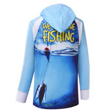 A blue hoodie featuring a fishing-themed design with a colourful graphic of a fishing line and bobber. It has a logo.