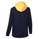 A fleece hoodie featuring a navy body and a yellow hood, with contrasting side details and a logo.