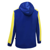A blue hoodie with yellow sleeves and a kangaroo pocket, featuring a hood and a logo.