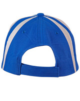 A blue baseball cap with white contrast stripes at the back, featuring an adjustable strap and a logo.